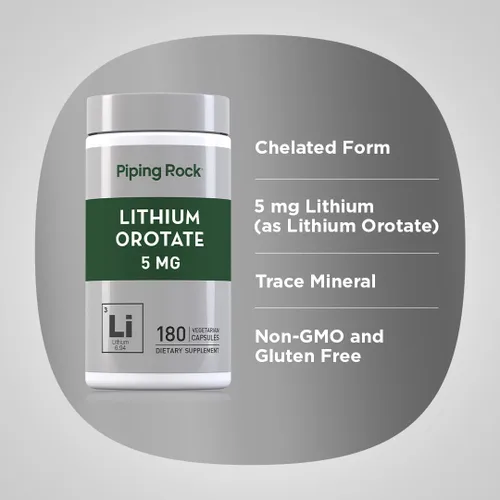 Miniatura 4 de Piping Rock Suplemento de orrotato de litio 5 mg 180 cápsulas Sin OMG, vegetariano, sin gluten