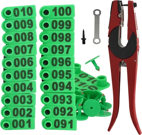 Etiquetas de oreja de cabra para ganado, alicates de etiqueta de oreja de plástico, número 001-100, con ovejas y animales, para ovejas, cerdos, Verde