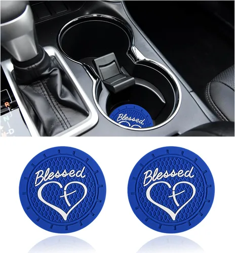 Miniatura 25 de Dickno 2 piezas posavasos para portavasos de automóvil, 2.76 pulgadas cruz bendita y corazón tapete de bebida cristiano, PVC suave antideslizante a