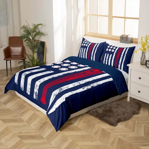 Miniatura 2 de Juego de funda de edredón con bandera estadounidense de béisbol, bate de béisbol, bandera de Estados Unidos, para niños y adolescentes, color rojo