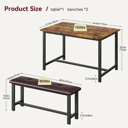 Miniatura 5 de CABIHOME Juego de mesa de comedor para 4, juego de mesa de cocina para 4 personas con bancos tapizados, juego de mesa de comedor rectangular