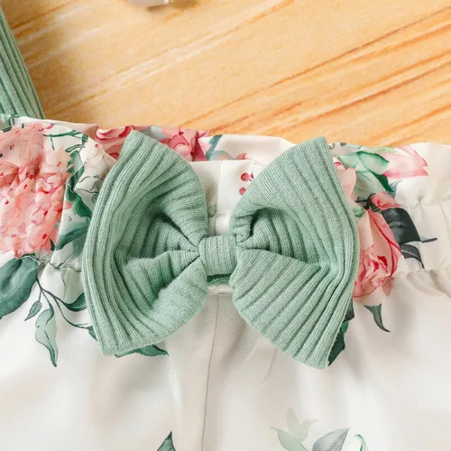 Miniatura 5 de Trajes florales para niñas y niñas, promovido a hermana mayor, camisa de manga corta + pantalones cortos con lazo floral + diadema, 3 piezas de ropa