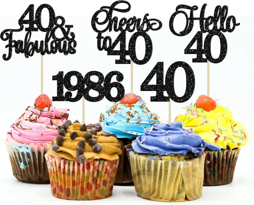 Miniatura 21 de Gyufise Paquete de 24 adornos negros para cupcakes de 10.º cumpleaños con purpurina negra 10 Ten Hello 10 Dights dobles desde 2015 para decoraciones