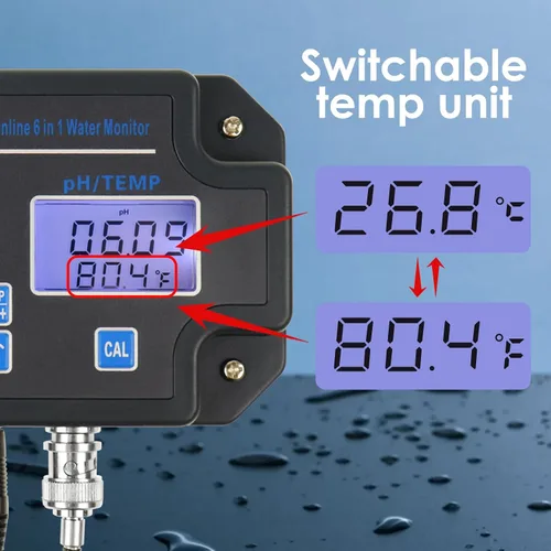 Miniatura 8 de Monitor EC pH para Hidroponía, Probador de Calidad de Agua 6 en 1 con Wi-Fi, Medidor Probador de pH, Monitor Continuo de pH PPM EC CF Humedad