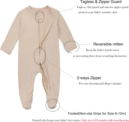 Miniatura 3 de Aablexema Pijamas con cremallera para bebé, rayón de bambú, pijamas con pies y mitones, pijamas para dormir