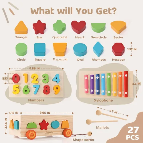Miniatura 2 de Clasificador de formas - Juego de xilófono de madera y rompecabezas de números Montessori para bebés - Juego educativo de clasificación con coche