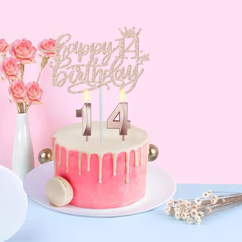 Miniatura 6 de Decoraciones de cumpleaños de 14 años para niñas, que incluyen banda de cumpleaños y tiara, velas y adorno para pastel, regalos de decoración