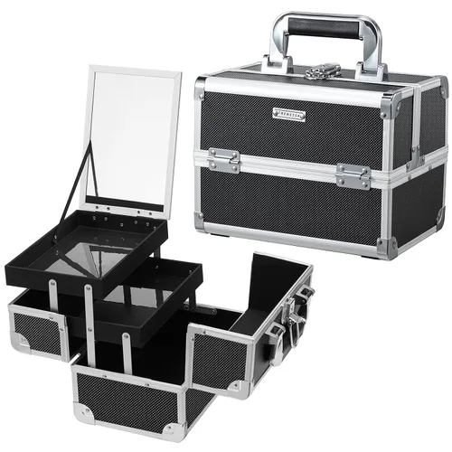 FRENESSA Estuche organizador de maquillaje, caja de cosméticos, estuche portátil de maquillaje con espejo, 2 bandejas, caja de tocador de viaje para