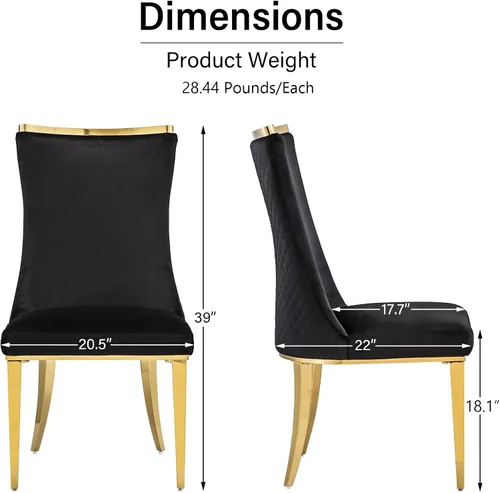Miniatura 3 de Sillas de comedor, Juego de 4 sillas de comedor, Silla de comedor de terciopelo negro con patas de acero inoxidable dorado