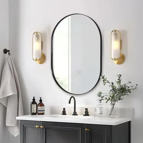 Miniatura 8 de ANDY STAR Espejo ovalado de 24x32 pulgadas, espejo ovalado negro de diseño en forma de píldora en marco de metal de acero inoxidable para baño