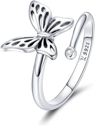 Anillo de plata de ley 925 con diseño de mariposa delicada, expandible, ajustable, para mujeres, adolescentes y niñas, Metal, Sin piedras preciosas