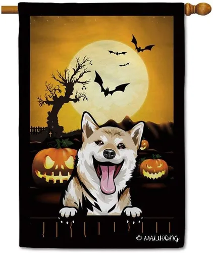 Miniatura 45 de Bandera de jardín de calabaza de Feliz Halloween Jack O'Lantern con perro Rhodesian Ridgeback Halloween Bat Boo Bandera decorativa para patio al