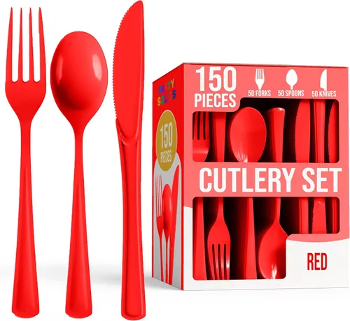 Miniatura 11 de Party Solids Cerise - Cubiertos de plástico resistentes, 150 piezas de cubiertos desechables de Cerise, juego de utensilios, 50 de cada tenedor