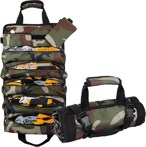 Miniatura 8 de Organizador plegable portátil de herramientas enrollable con 5 compartimentos y 2 bolsas desmontables, bolsa de herramientas de servicio pesado Negro