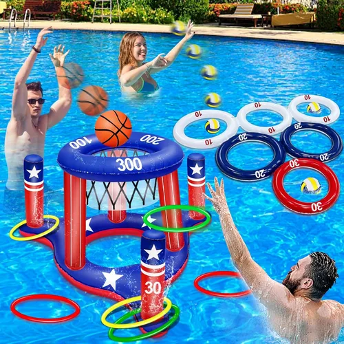 Miniatura 7 de Juego de juguetes de piscina con la bandera estadounidense, aro inflable de baloncesto flotante 2 en 1 y juego de piscina inflable para lanzar