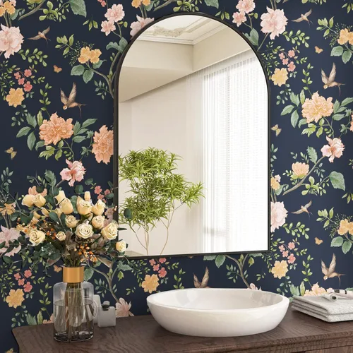 Miniatura 6 de Froluya Papel tapiz floral azul oscuro para despegar y pegar, papel de contacto floral vintage de 16.9 x 118.1 pulgadas, papel tapiz de pájaro