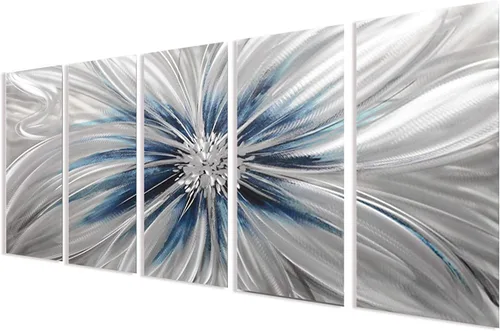 RICHSPACE ARTS Arte moderno de pared de metal grande flor azul y plata escultura decoración con textura 3D juego de 5 piezas Azul y plateado