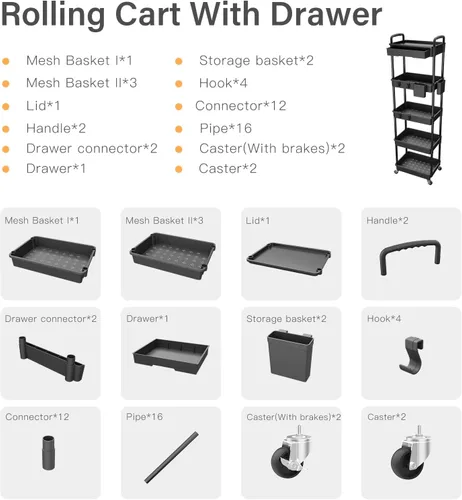 Miniatura 4 de Carrito rodante de 3 niveles con cajón, carrito de servicio REBECAT hecho de organizador de almacenamiento multifuncional para cocina, baño, sala