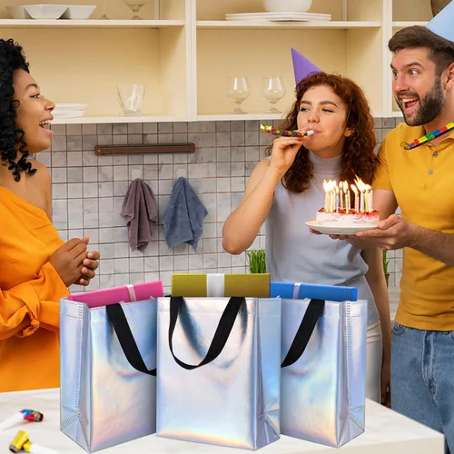 Miniatura 8 de BLEWINDZ 18 bolsas de regalo holográficas con asas y pañuelos, bolsas de regalo reutilizables iridiscentes medianas de 10.2 pulgadas para Holográfico