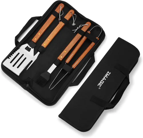 Miniatura 2 de IMAGE Accesorios de barbacoa de madera, herramientas de barbacoa de acero inoxidable, juego de utensilios de parrilla para parrilla al aire libre
