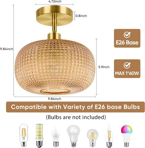Miniatura 4 de ROTTOGOON Lámpara de techo semiempotrada, luces de techo inclinadas doradas ajustables con pantalla de vidrio ámbar, modernas lámparas de pasillo