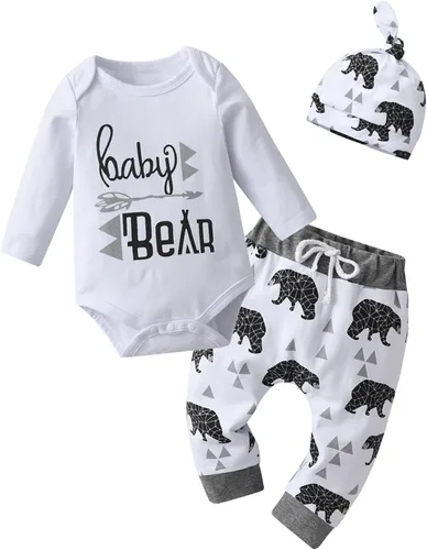 Miniatura 43 de Conjunto de 3 piezas de ropa de bebé recién nacido con estampado de manga larga + pantalones + sombrero