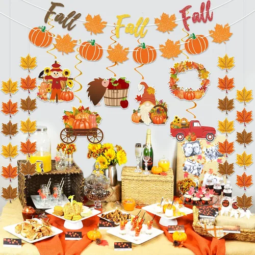 Miniatura 7 de Suministros de decoración de fiesta de otoño, NO DIY, el juego de decoración del hogar de otoño incluye pancarta de otoño con purpurina, guirnalda