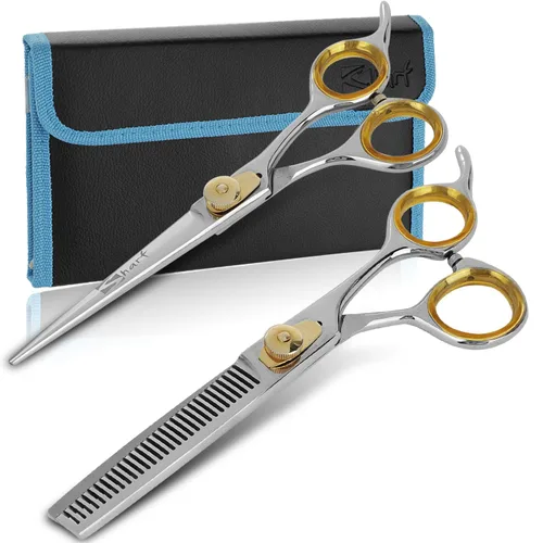 SHARF Gold Touch - Kit de tijeras rectas de 6.5 pulgadas y tijeras de adelgazamiento de 30 dientes 440C, tijeras de peluquería profesionales