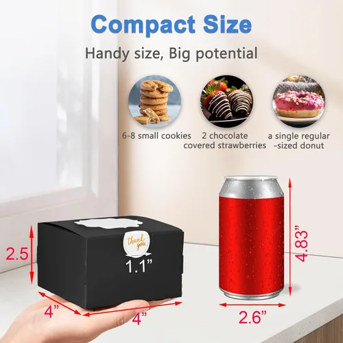 Miniatura 3 de Shallive Cajas de galletas pequeñas de 4 pulgadas, 25 unidades, color negro, cajas de panadería con ventana para regalo de graduación, latas