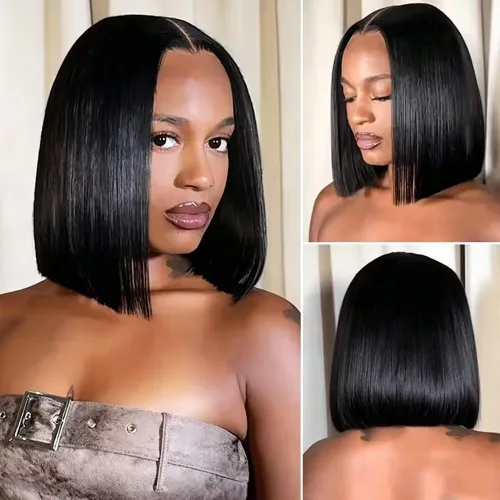 Miniatura 3 de Match All Skin Blunt Cut Bob Glueless Lace Wig Pre Plucked Natural Baby Hair Short Bob Bone Straight 13X4 HD Invisible Lace Wig Braizilian Human
