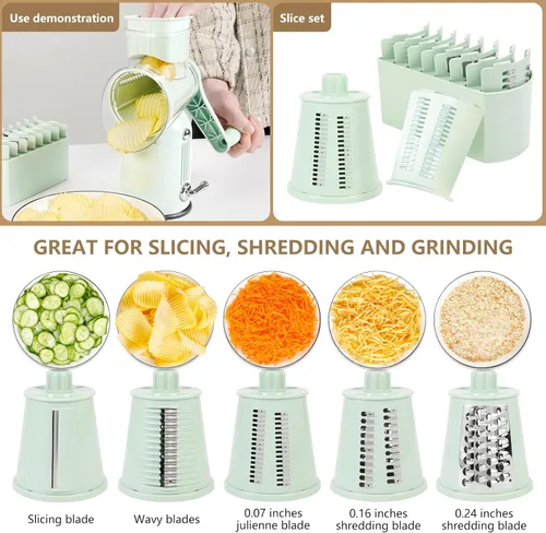 Miniatura 2 de Rallador rotativo de queso con mango triturador de verduras con 5 cuchillas intercambiables, rebanador y picador de alimentos de cocina con base