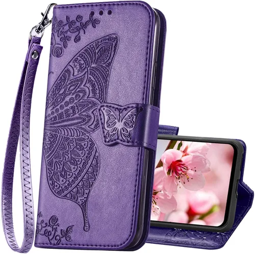 Funda para teléfono Galaxy A14 5G, cartera con tapa para mujer, de piel sintética en relieve de mariposa con tarjeteros de crédito, correa de Púrpura