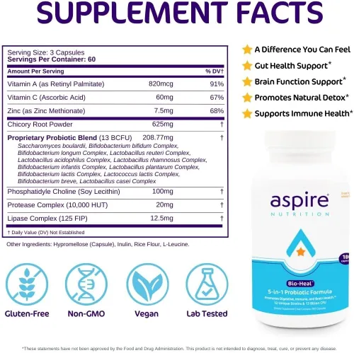 Miniatura 2 de Aspire Nutrition Probiótico Bio-Heal® 5 en 1 para niños, hombres y mujeres - El mejor suplemento para la función cerebral, la salud intestinal