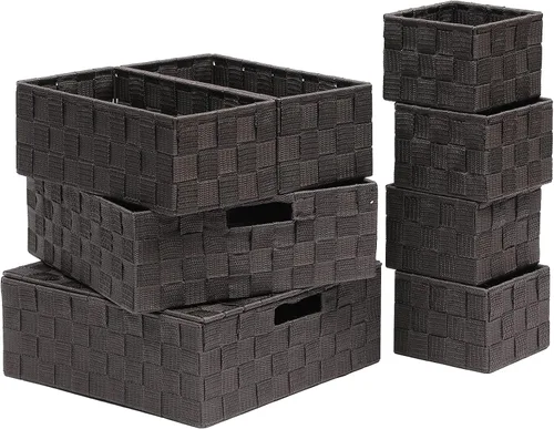 Miniatura 8 de Juego de 4 cestas de almacenamiento tejidas de polipropileno con marco de metal, cajas de tela apilables para cajones, armario, estante, guardería