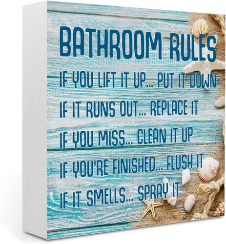 Decoración de baño de playa, reglas de baño, estrellas de mar, decoración de verano, letrero de caja de madera para el hogar, oficina, estante de
