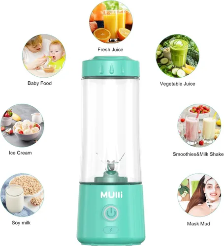 Miniatura 5 de Mulli Batidora portátil, mezclador personal recargable por USB para batidos y batidos, mini licuadora con seis cuchillas para alimentos de bebé, Azul