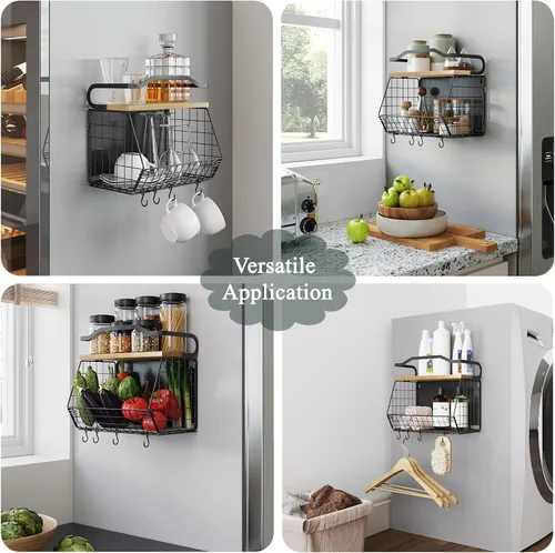 Miniatura 7 de Mefirt Estante Magnético para Refrigerador con Tapa de Madera, Cesta de Frutas Resistente, Contenedores de Almacenamiento de Frutas, Papas