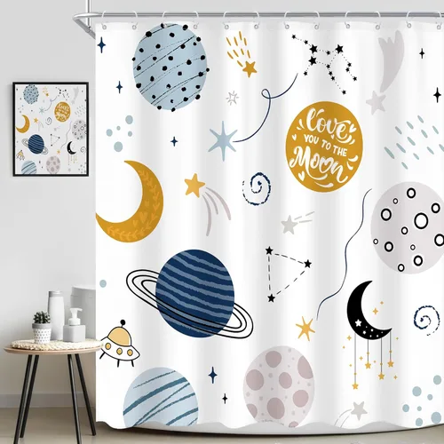 Cortina de ducha para niños, diseño de planeta de dibujos animados, universo lindo, galaxia, espacio, luna, juego de baño para niños, estampado de A