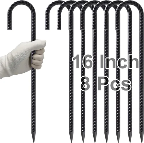 VVOKGO Estacas para barras de refuerzo de 16 pulgadas con gancho en J de alta resistencia, 8 piezas de estacas largas de metal para tienda de