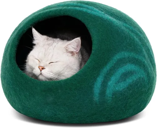 MEOWFIA Cat Cave - Cama de fieltro prémium para gatos de interior, hecha a mano, 100% lana merina, gato (grande, esmeralda)