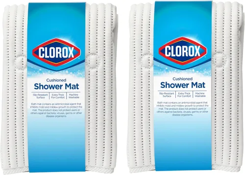 Tapete de ducha acolchado Duck Brand Clorox, tapete antideslizante para ducha y bañera con ventosas, 21 pulgadas x 21 pulgadas, blanco, paquete de 2
