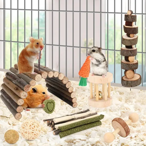 Miniatura 2 de Accesorios para jaula de hámster YIXUND, 12 juguetes diferentes para masticar para conejillo de indias, chinchillas, jerbos, ratones, ratas, ratón