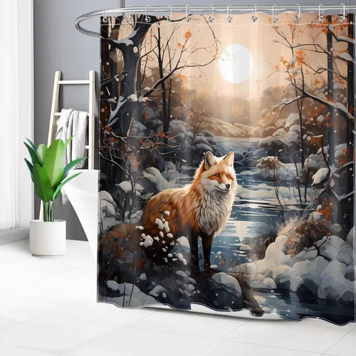 Miniatura 7 de LB Cortina de ducha con diseño de zorro de bosque de invierno, bosque nevado, lindo zorro con árbol, paisaje natural, cortina de ducha de baño
