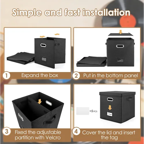 Miniatura 5 de Juego de 2 cajas de almacenamiento de discos de vinilo, para más de 100 LPs individuales (12 pulgadas), caja apilable de lino con tapa, soporte