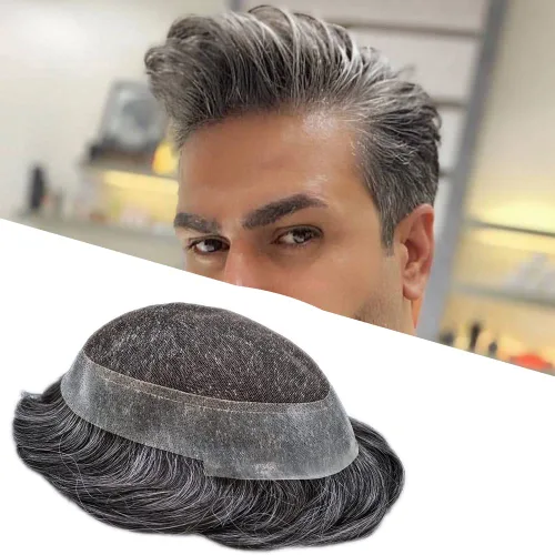 Miniatura 15 de Toupee para hombres, centro de encaje francés, extensiones de cabello humano, sistema de reemplazo de encaje con piel fina, prótesis de cabello gris