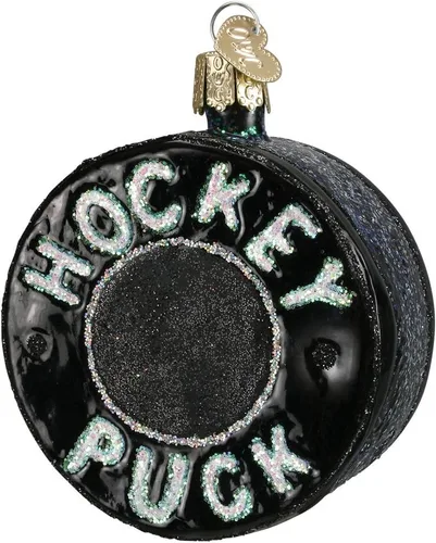Old World Christmas - Adorno de disco de hockey de vidrio soplado para árbol de Navidad, decoración festiva artesanal, colección deportiva