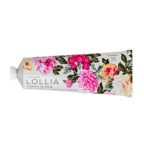 LOLLIA Always in Rose Handcreme, 4 onzas, crema de manos perfumada de rosa e hibisco para mujeres, cuidado de la piel de lujo hidratante para manos