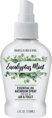 SMELLS BEGONE Ambientador de aceite esencial en espray para baño, elimina los olores del baño y el inodoro, fabricado con aceites esenciales, aroma