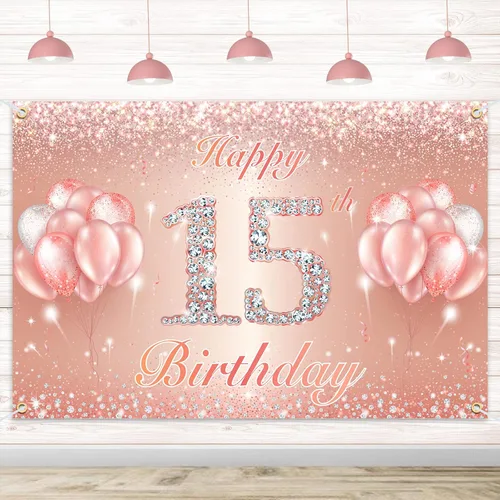 Fondo de pancarta de feliz cumpleaños 15 – Suministros de decoración de fiesta de cumpleaños 15 para niñas o niños – Oro rosa 4 x 11 pies
