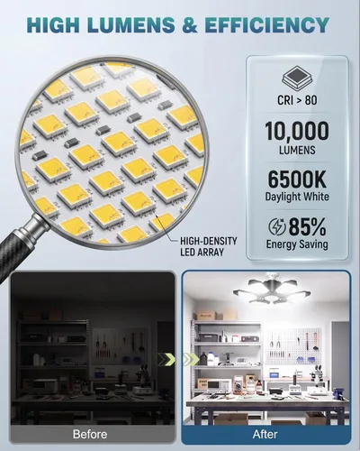 Miniatura 2 de BRAINIAC Bombillas LED de garaje de 100 W con 6 paneles ajustables, E26/E27 tornillo de enchufe, luz LED de techo de garaje deformable para almacén
